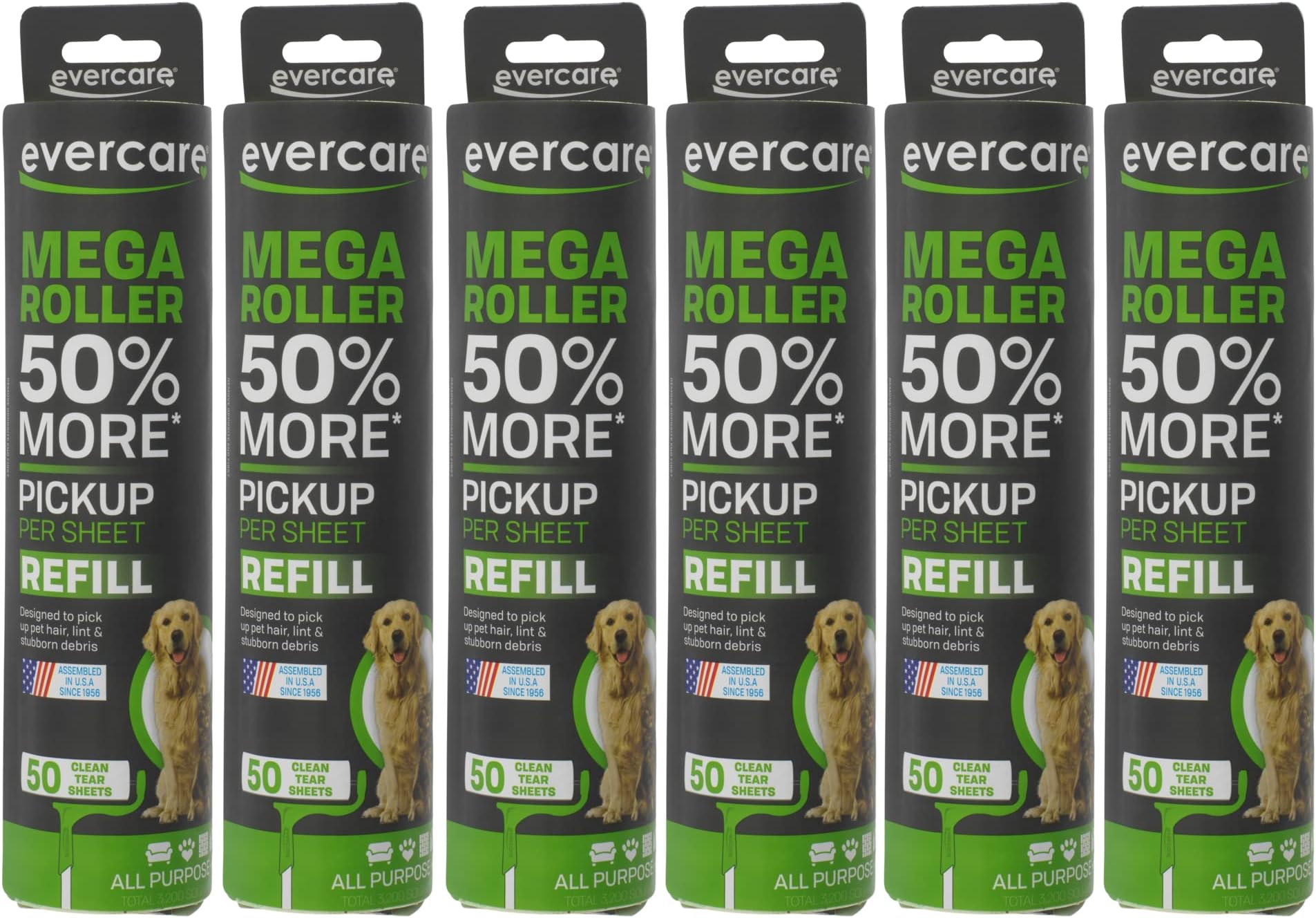 Evercare Pack of 6 10" Wide Large Surface Mega Pet Roller Refill, 50 Sheets Each (300 Sheets Total)