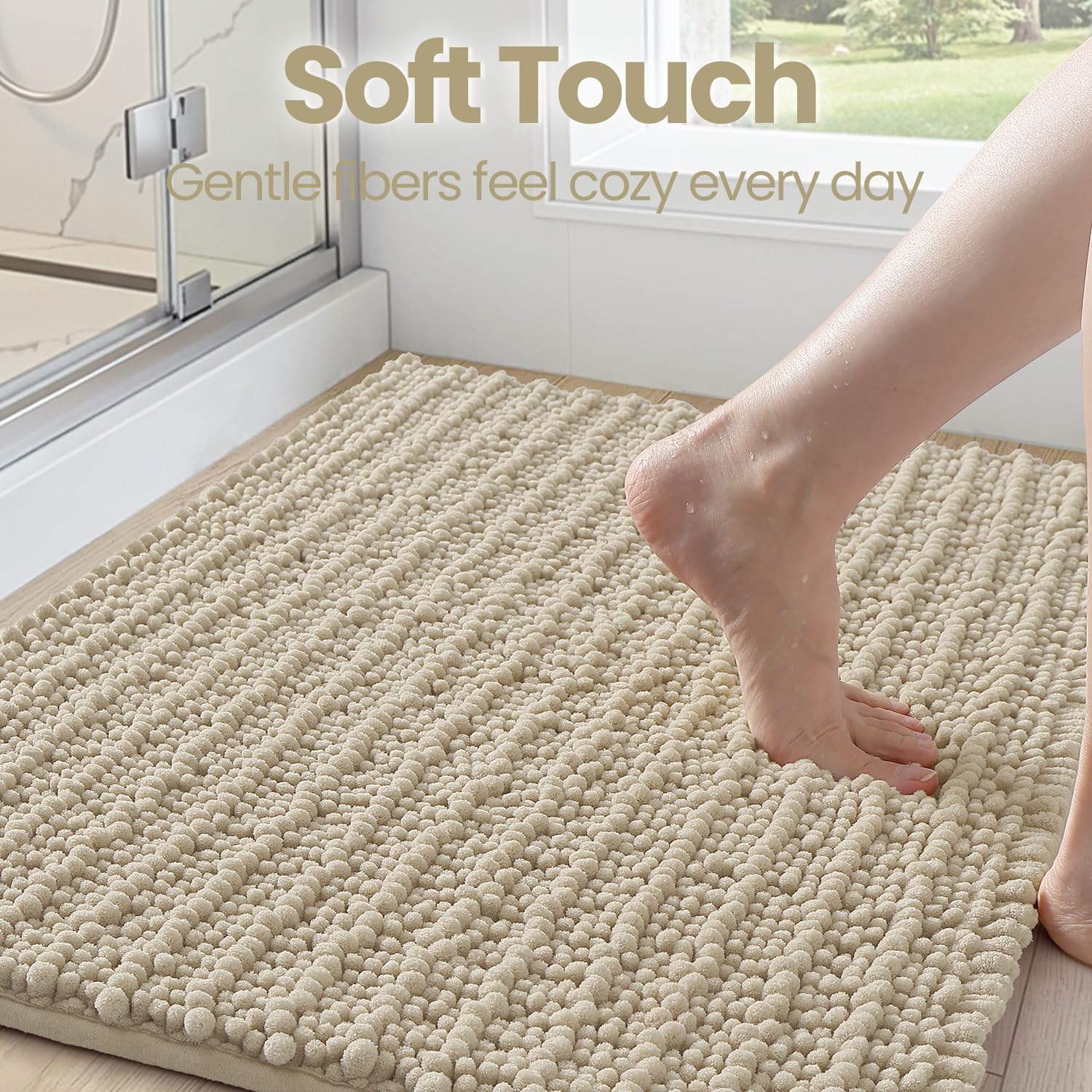 DEXI Bathroom Rugs 24x36, Super Soft Thick Chenille Absorbent Bath Mat, Non Slip Machine Washable Fluffy Shag Bathmat for Tub, Shower Floor, Beige