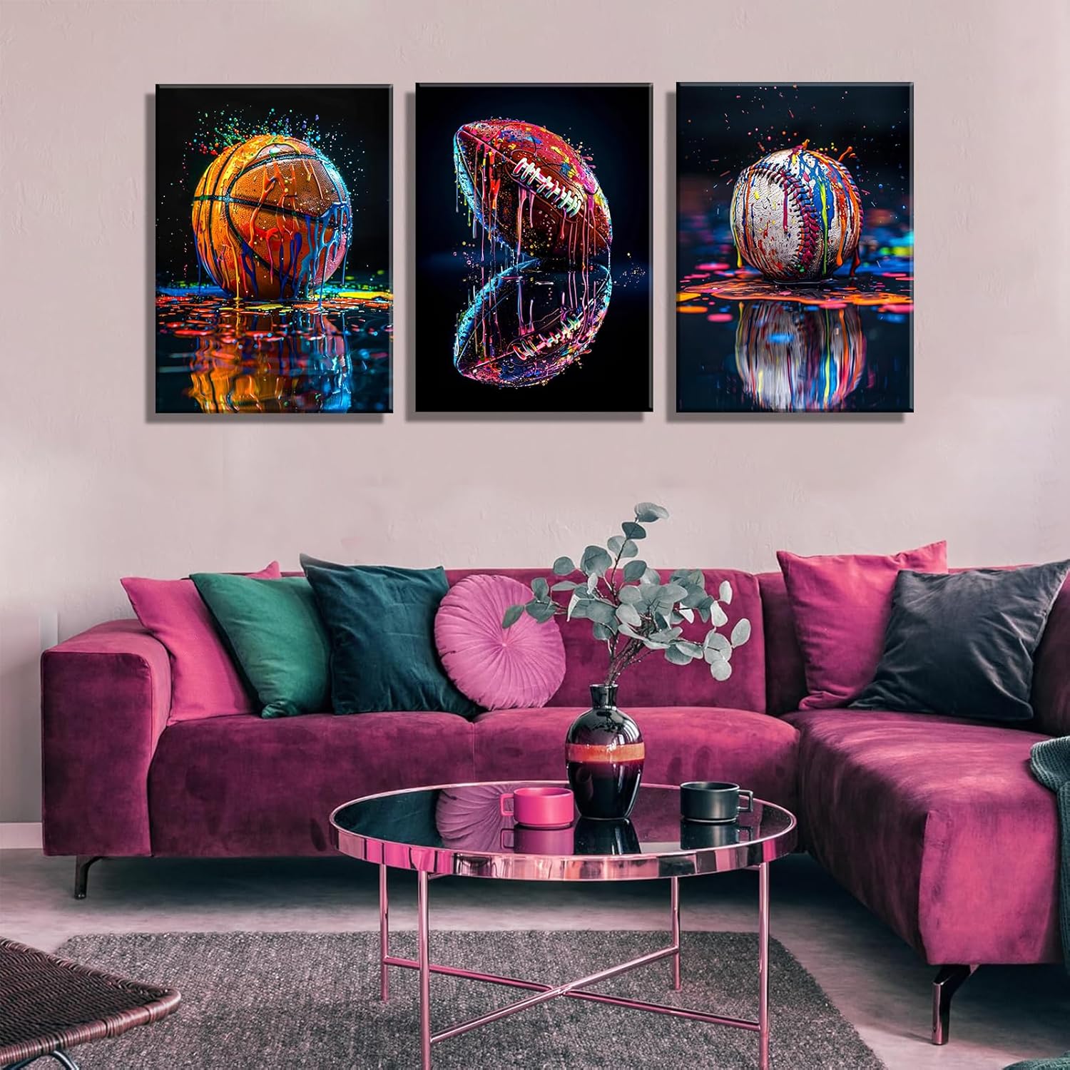 3Pcs Graffiti Sports Canvas Wall Art Boys Room Rustic Football Baseball American Football Rugby Wall Decor Pictures Colorful Modern Posters Prints for Nursery Playroom Living Bedroom Decoration