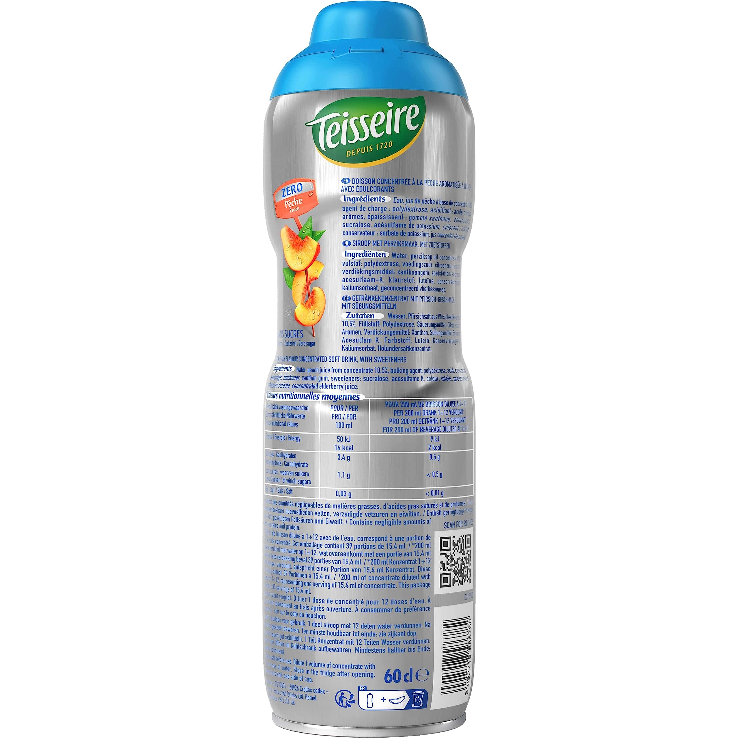 Teisseire Zéro Sucre, Sirop Pêche pour Boisson Rafraîchissante, Cocktails, Bidon (Pack de 6)