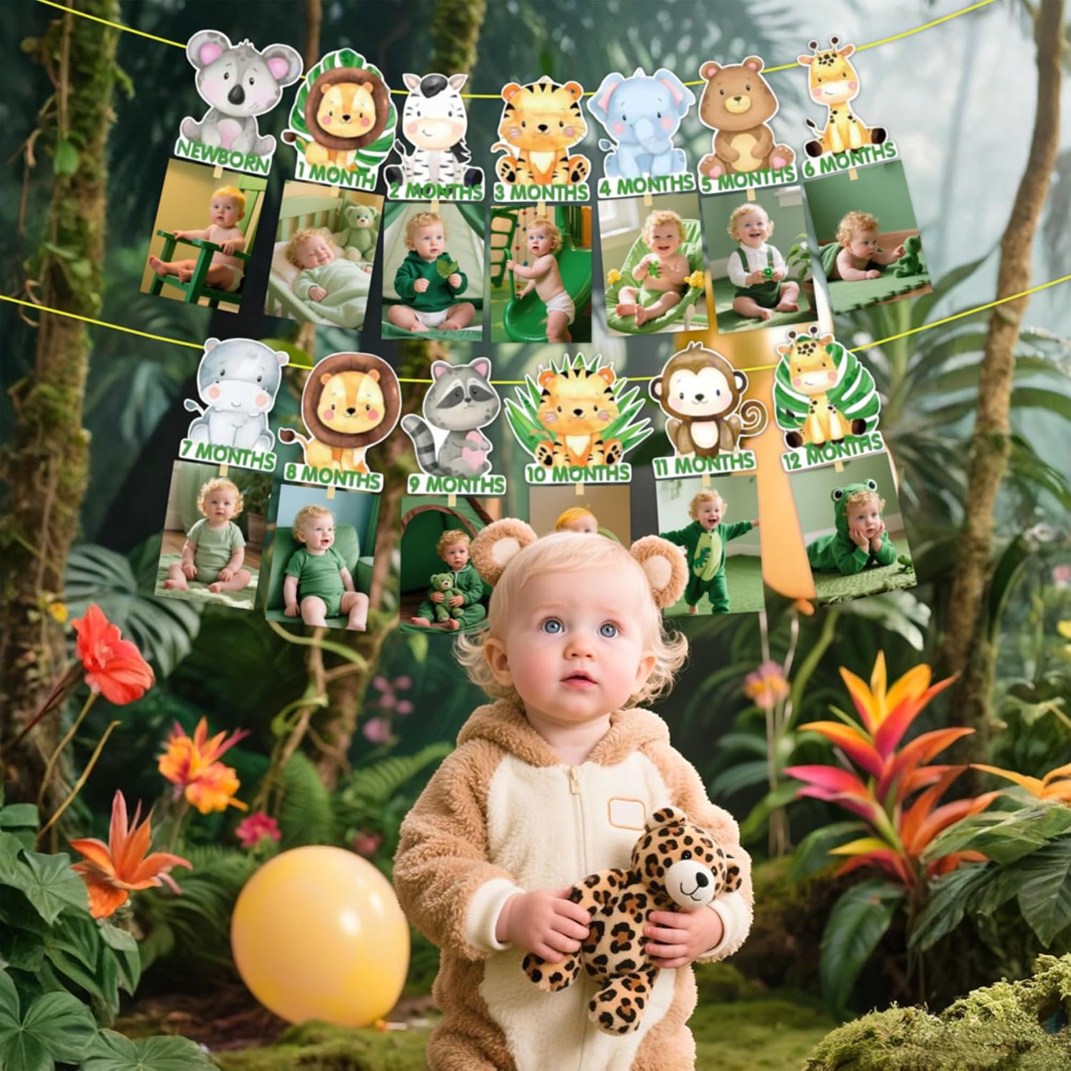 Jungle Animal 1st Birthday Decor,12 Months Photo Banner for Baby from Newborn to 12 Months Animal First Birthday Decorations for Boy or Girl Monthly Milestones Garland 1 Year Old Party Supply With Pictures Frame(Green)