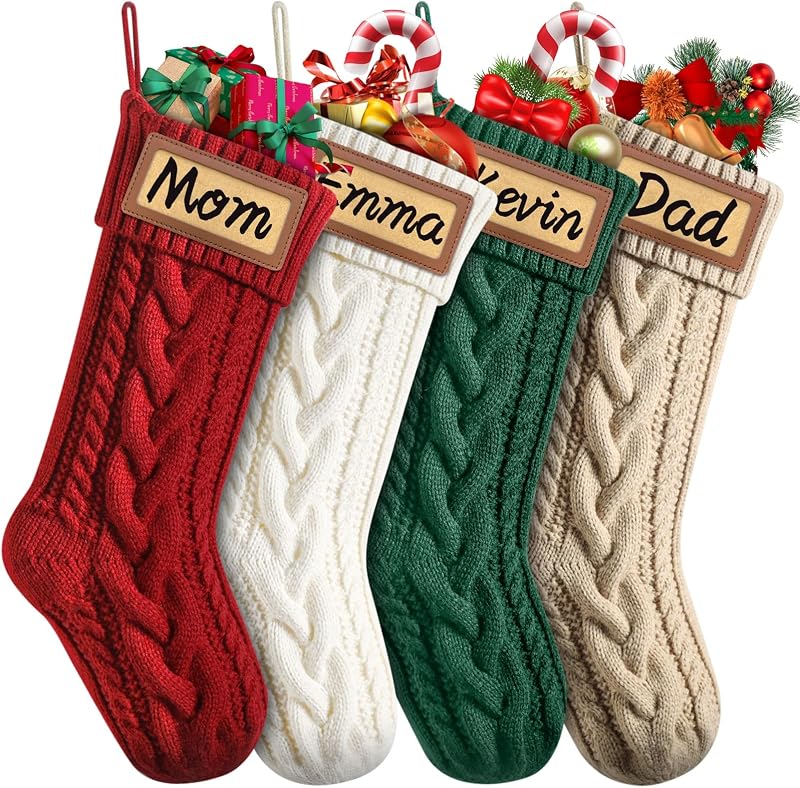 Dalzom® 4 piezas medias navideñas personalizadas con parches de cuero nombre personalizado, medias navideñas de punto grandes de 18 pulgadas para decoración de fiestas infantiles, familiares, navideñas y de chimenea
