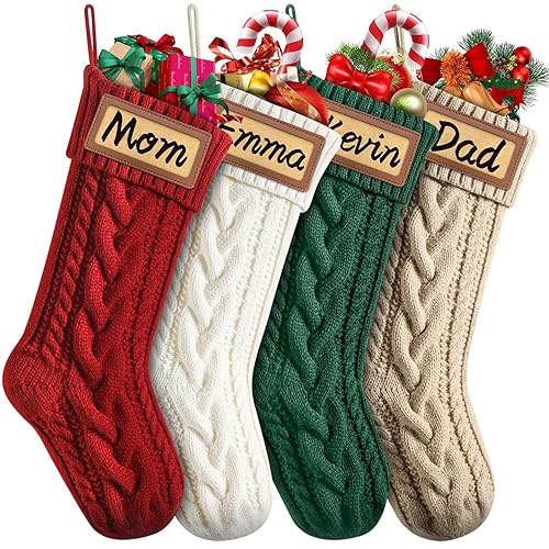 Dalzom® 4Pcs Personalized Christmas Stockings with Leather Patches Custom Name, 18" Premium Large Knitted Christmas Stockings for Kids, Family, Holiday and Fireplace Party Decoration