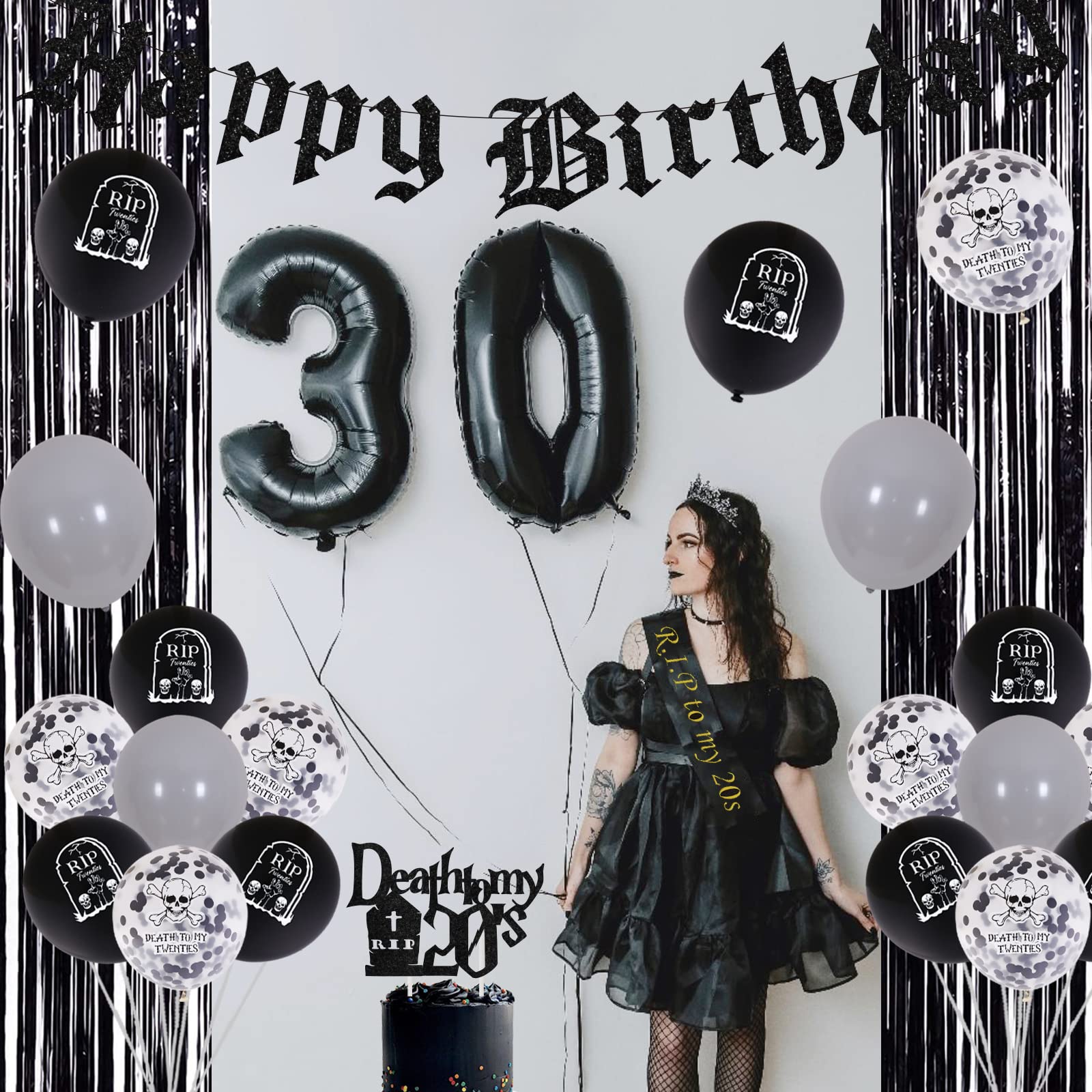 Rip 20s Decorazioni Per 30° Compleanno Donna - Kit Completo Con Striscione, Palloncini Neri, Topper Torta E Fascia 'Death To My Twenties'