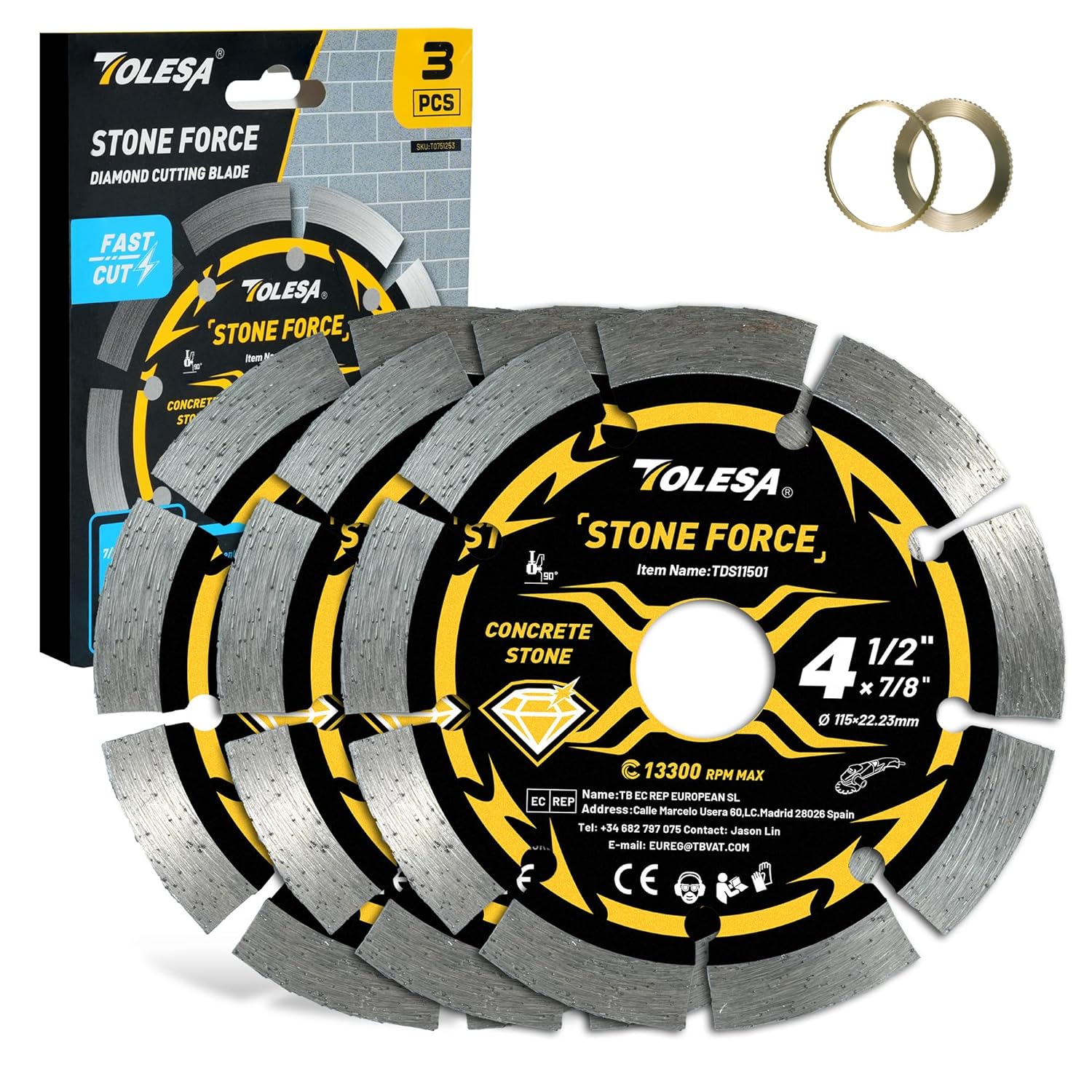 TOLESA 4-1/2 Inch Segmented Diamond Blade for Angle Grinder, Diamond Cutting Wheel with 7/8" Arbor, 20mm & 16mm Adapter Ring, 4.5" Stone Blade Fast Cut Masonry, Concrete, Brick (3-Pack)