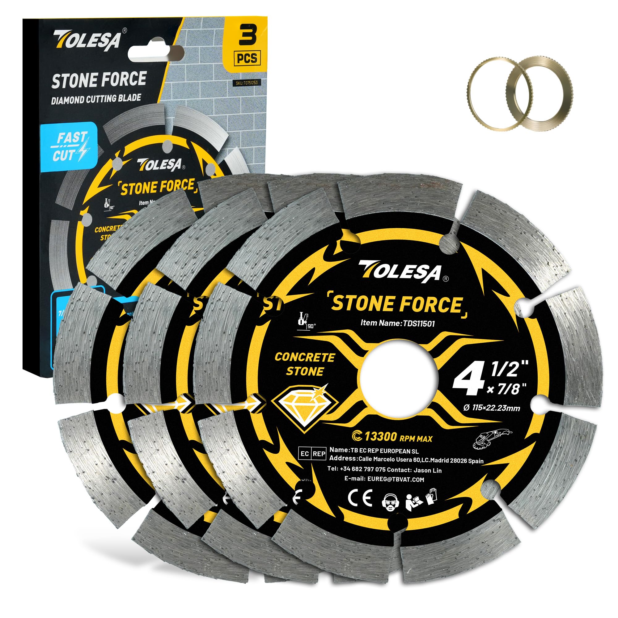 TOLESA 115mm Diamond Cutting Disc, Segmented Diamond Blade for Angle Grinder with 22.23mm Arbor, 20mm & 16mm Adapter Ring, 4.5" Stone Cutting Disc Fast Cut Masonry, Concrete, Brick (3-Pack)
