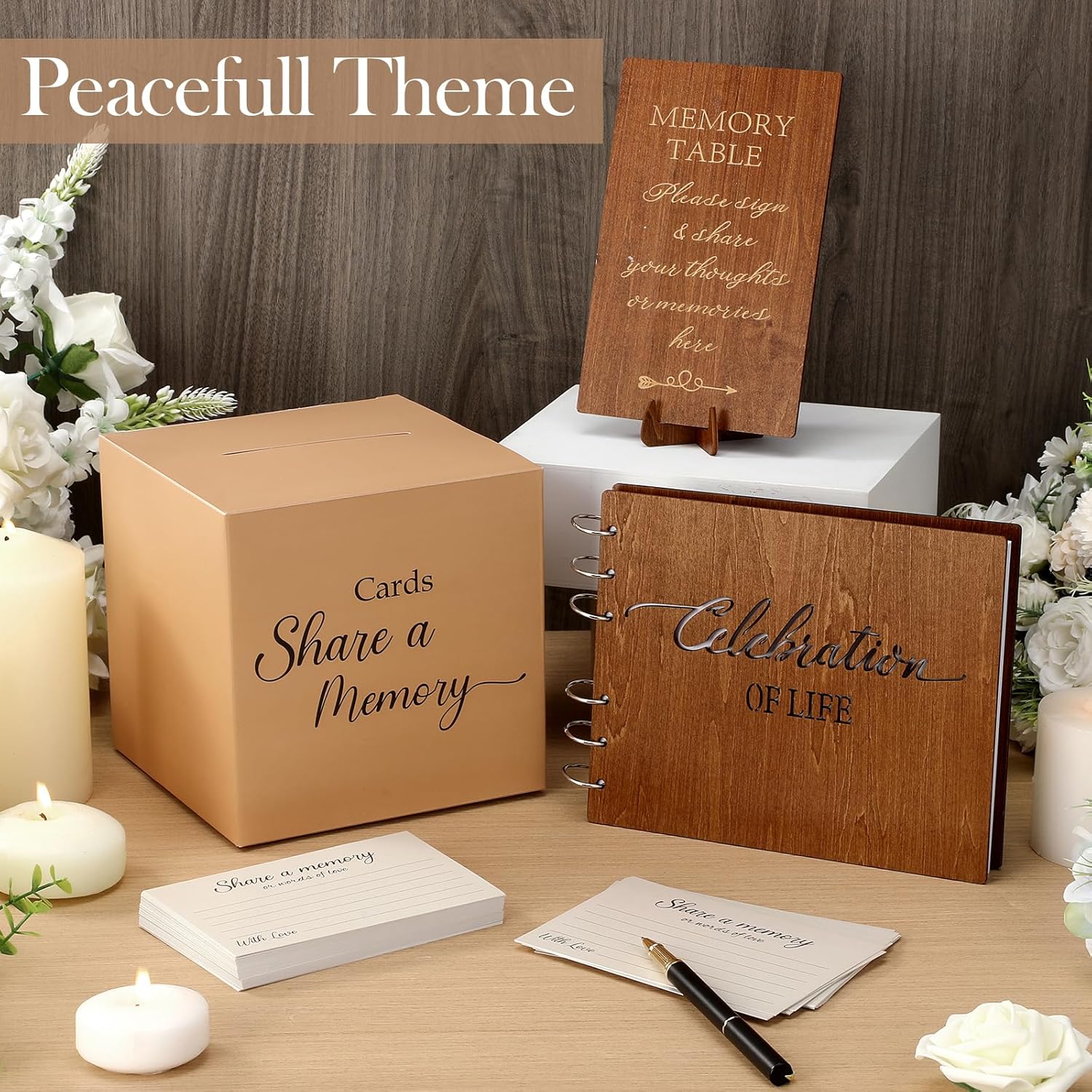 64 Pcs Funeral Guest Book Set Celebration of Life for Memorial Service in Loving Memory 60 Share a Memory Card Card Box Table Sign and Pen for Memorial Service(Brown,Hollow)