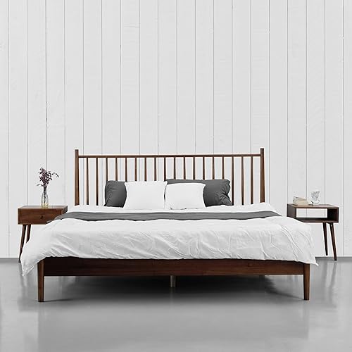 NTC Inno Wooden Bed Frame with Headboard, Solid Oak and Rubber Wood Foundation with Silent Slats and Wood Central Supports, 1000 Lb Capacity, Effortless Assembly, King - Dark Walnut