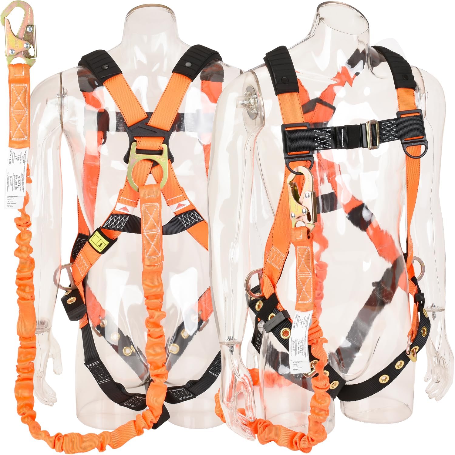 3D-Ring Safety Harness [3pt Adjustment] with 6-Foot Internal Shock Absorbing Lanyard [Snap Hook End]