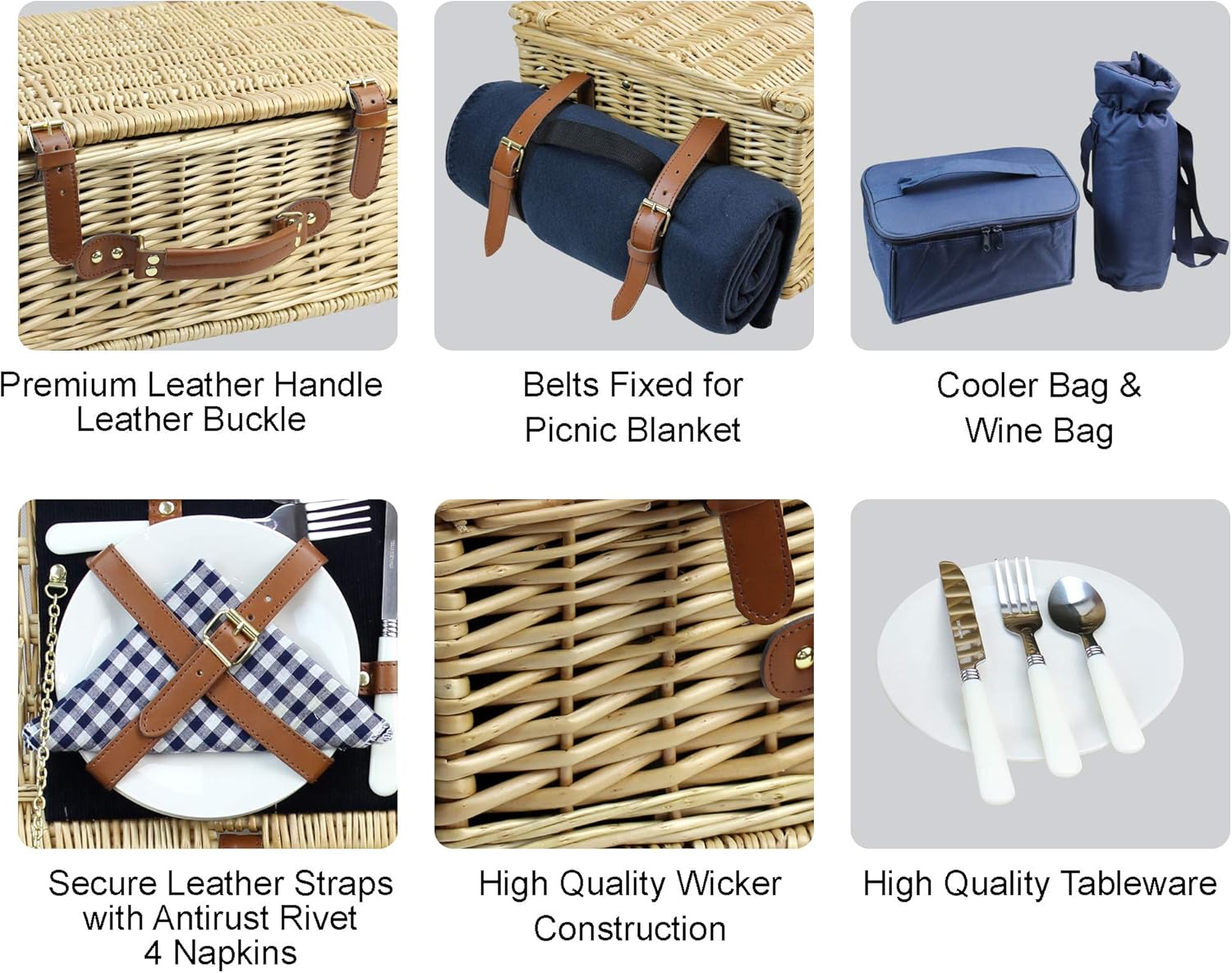 Large Willow Picnic Basket with Deluxe Service Set for 4 Persons, Natural Wicker Picnic Hamper with Food Cooler, Wine Cooler, Free Fleece Blanket and Tableware - Best Gift for Father Mother : Patio, Lawn & Garden