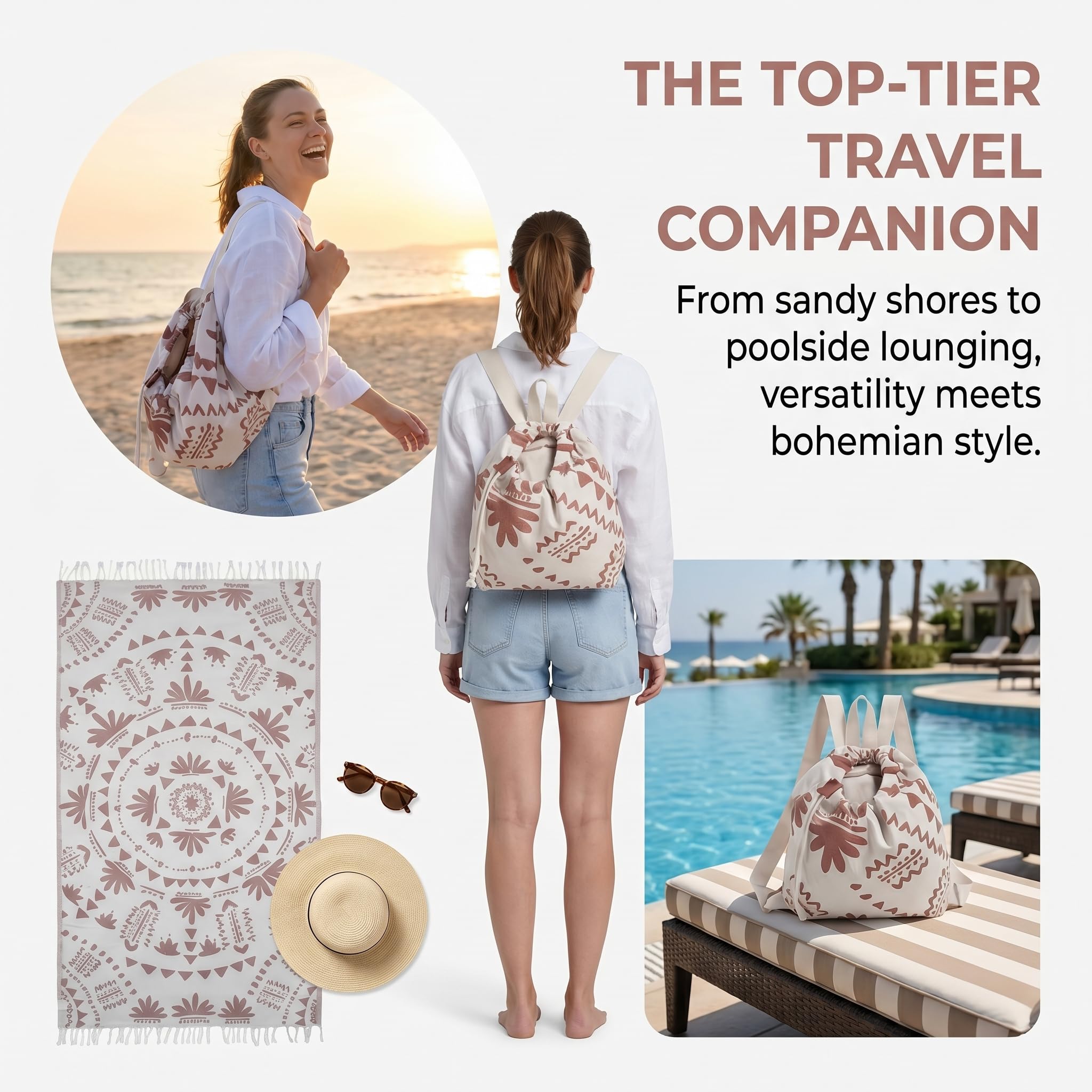 Bolsa de toalla 2 en 1 y mochila de playa convertible de microfibra sin arena gran tamaño con bolsillo interior con cremallera