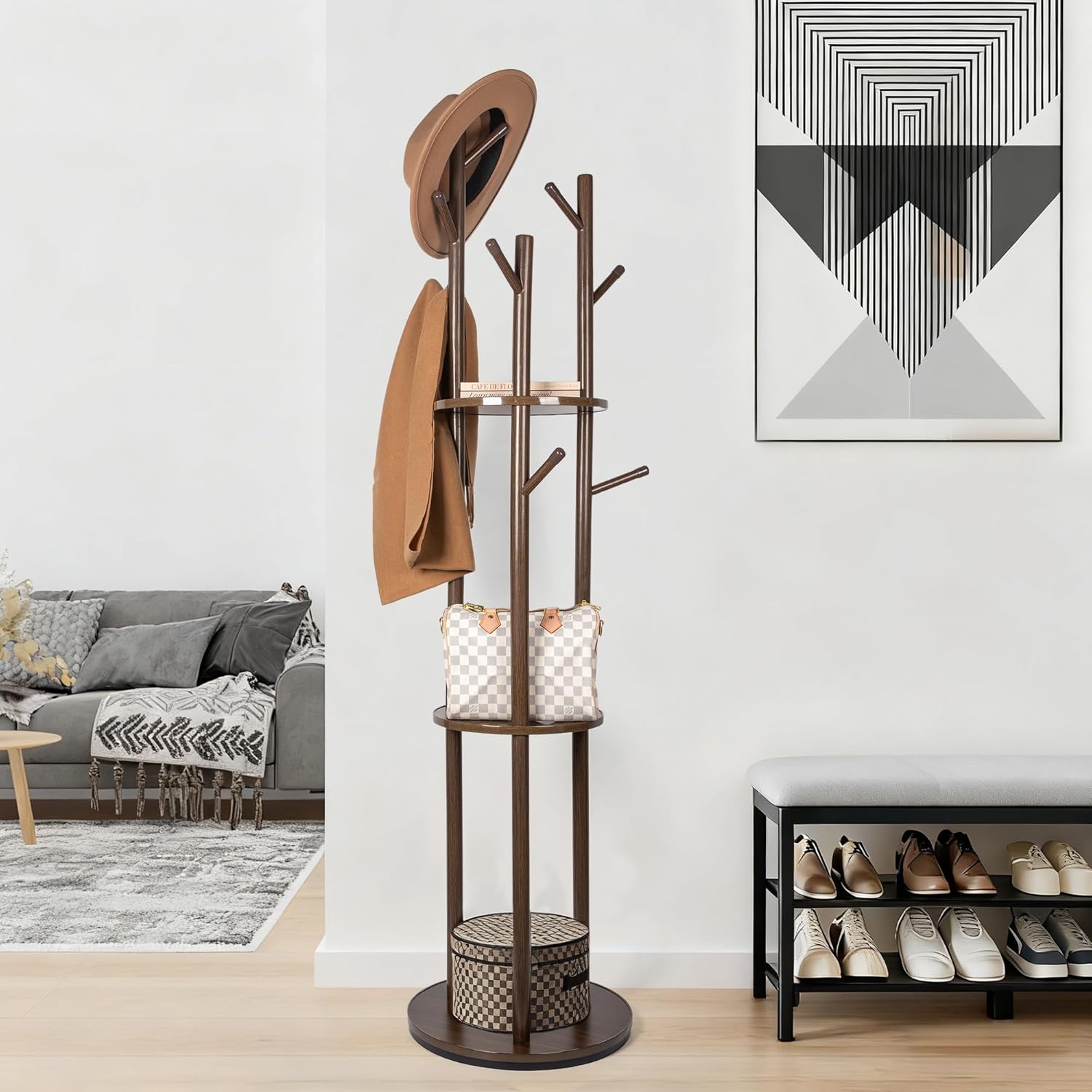 Rotary Wood Coat Rack Hanger Stand Freestanding Clothes Coat Tree with 3 Shelves and 9 Hooks for Entryway Bedroom Livingroom Office Corner