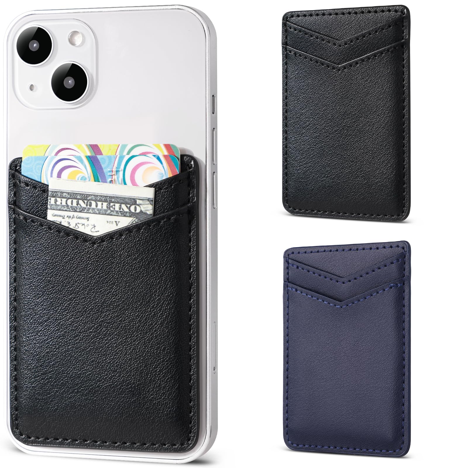 Fulgamo 2Pack Phone Wallet Stick On,Leather Phone Card Holder for Back of Phone Case,Sticky Adhesive Credit Card Pocket RFID iPhone and Android-Black,