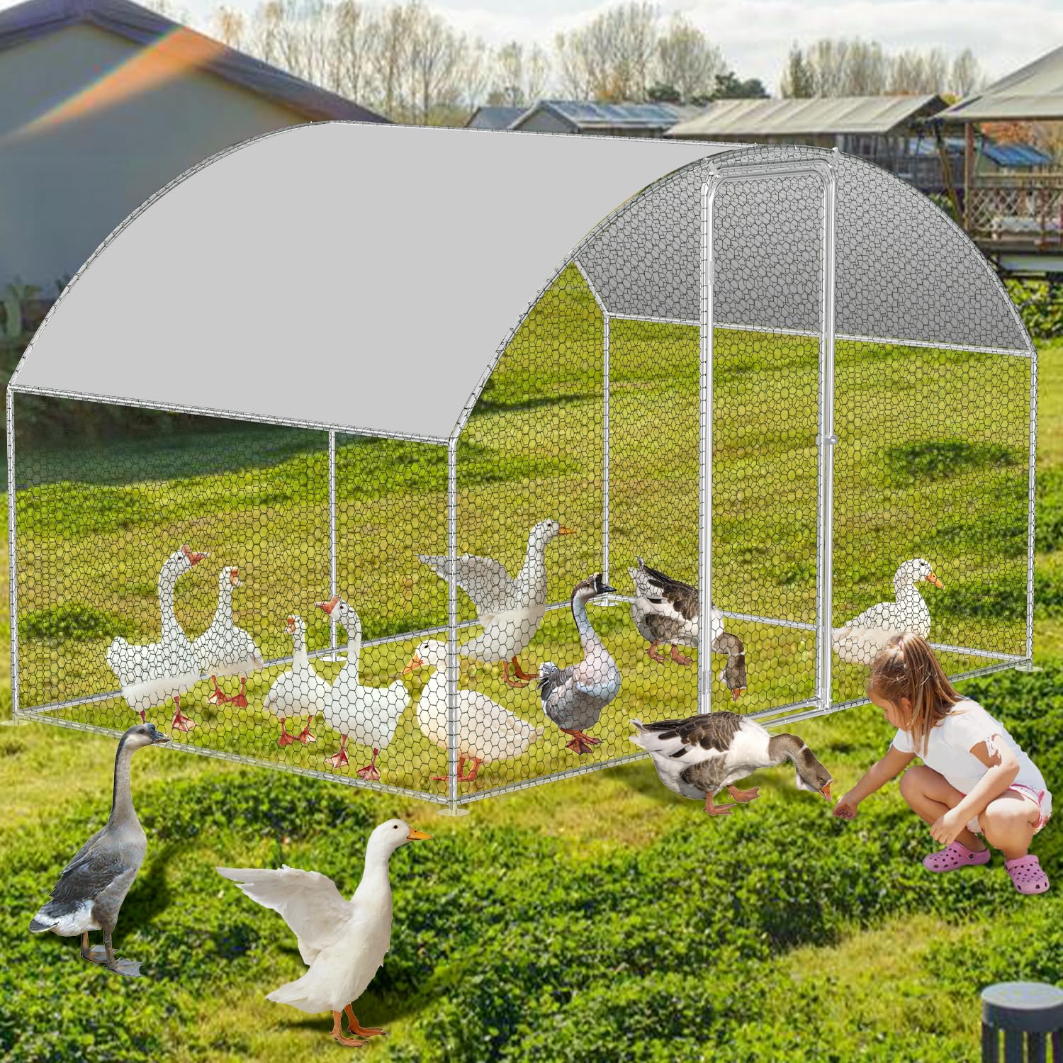 Randaco Recinzione per pollaio, 3 x 2 x 2 m, in acciaio zincato, Dome Roof, con panno impermeabile in polietilene e serratura, per polli, piante di piccoli animali, veloce da pulire