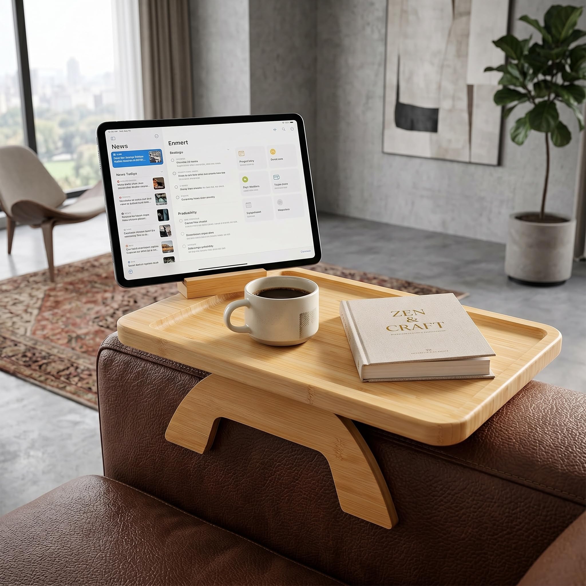 Sofa Arm Tray, Bamboo Couch Arm Tray Table with 360° Rotating Phone Holder, Clip on Sofa Armrest Tray Table, Foldable Sofa Side Table for Drinks, Snacks, Remote Control, Phone and Tablet