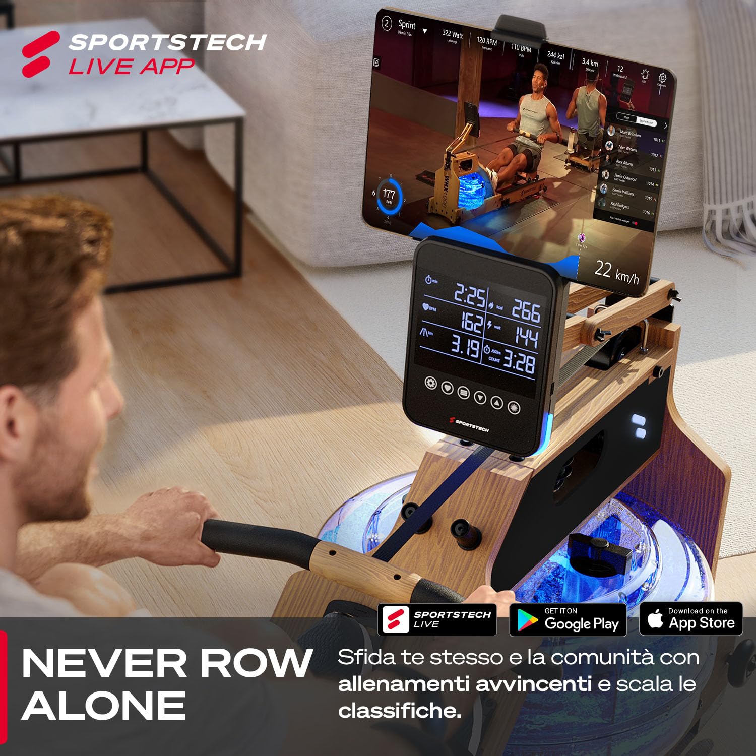 Sportstech - WRX1000 Water Vogatore, Vogatore Pieghevole per Casa, Premium Vogatore ad Acqua con Tecnologia Pulse Serbatoio dell'Acqua a 7 Zone LED e Display LCD