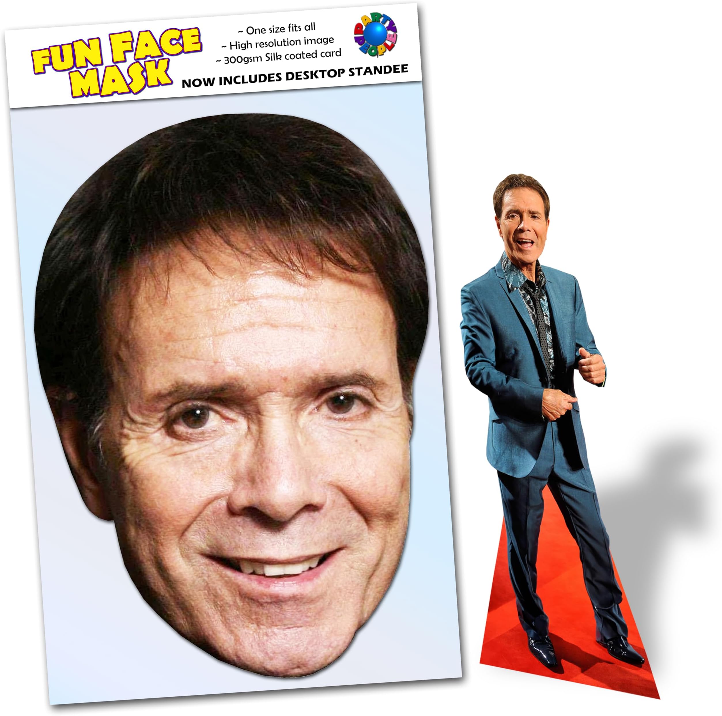 Party People 1 x Cliff Richard - Ready To Wear Celebrity Face Mask Includes Freestanding 20cm Desktop Standee Card Cutout - Standee Cliff R