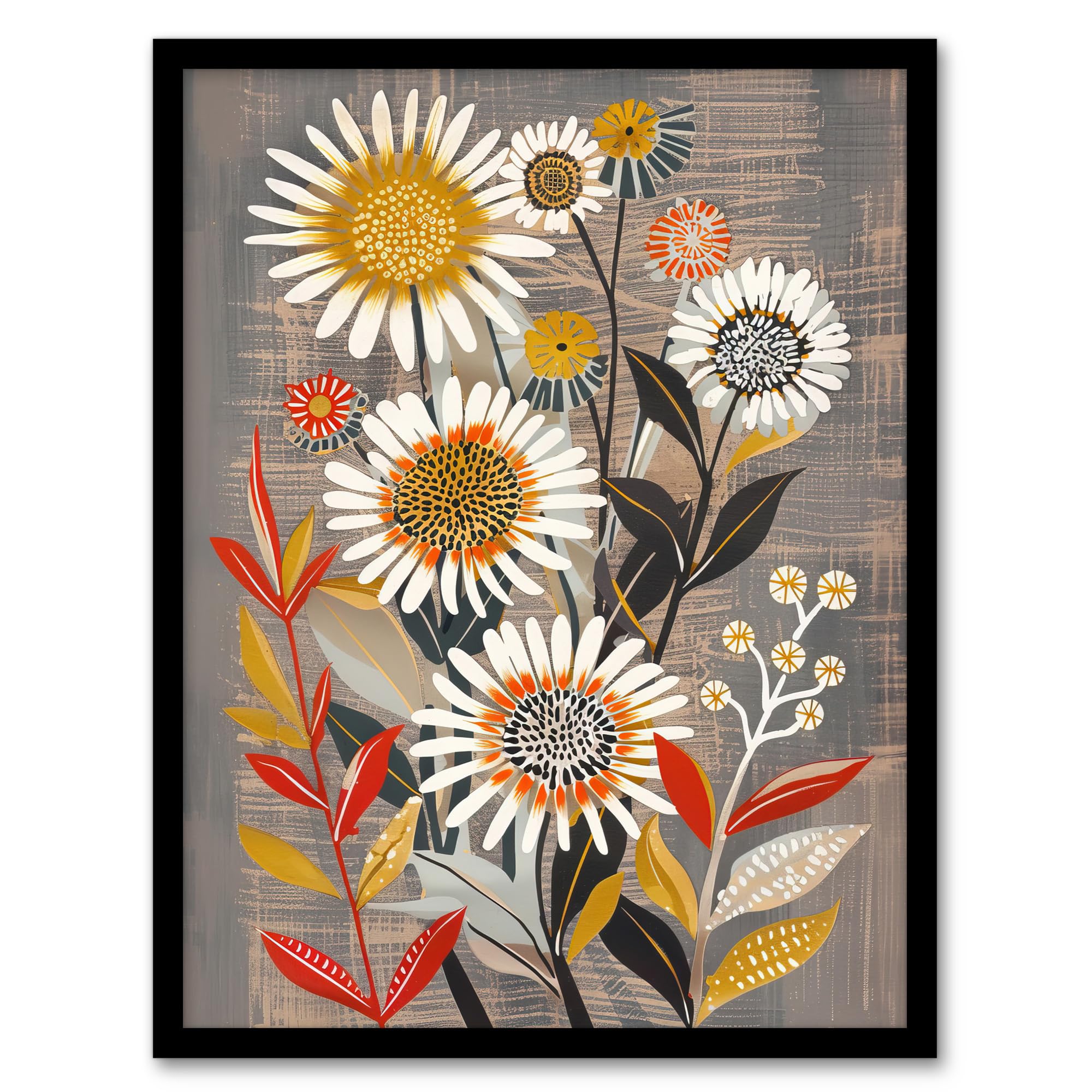 Artery8 Rustic Wildflower Painting Floral Autumn Folk Art Living Room Artwork Framed Wall Art Print 18X24 Inch