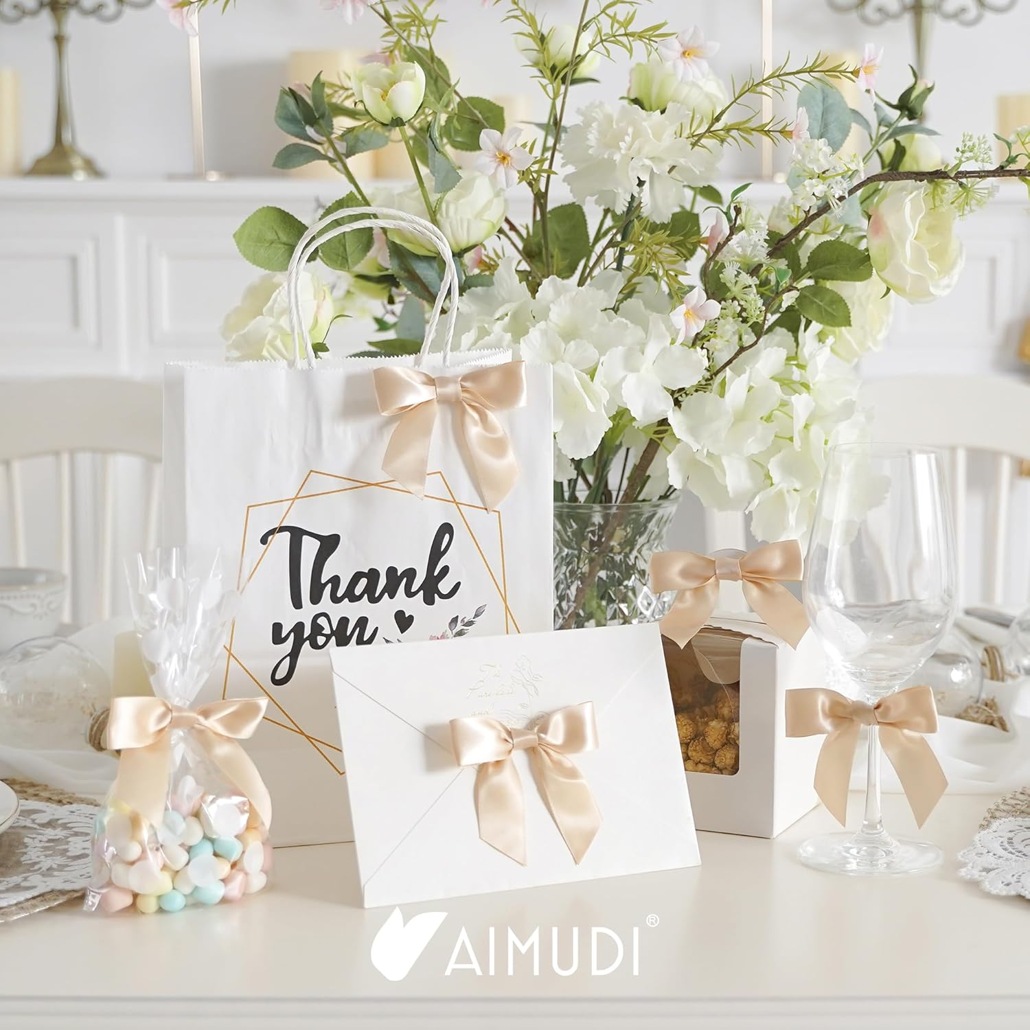 AIMUDI Champagne Bows for Gift Wrapping 3.5" Pre Tied Small Christmas Tree Bows Premade Twist Tie Bows for Treat Bags Small Bows for Crafts Wedding Holiday Decoration- 50 Counts - Image 3