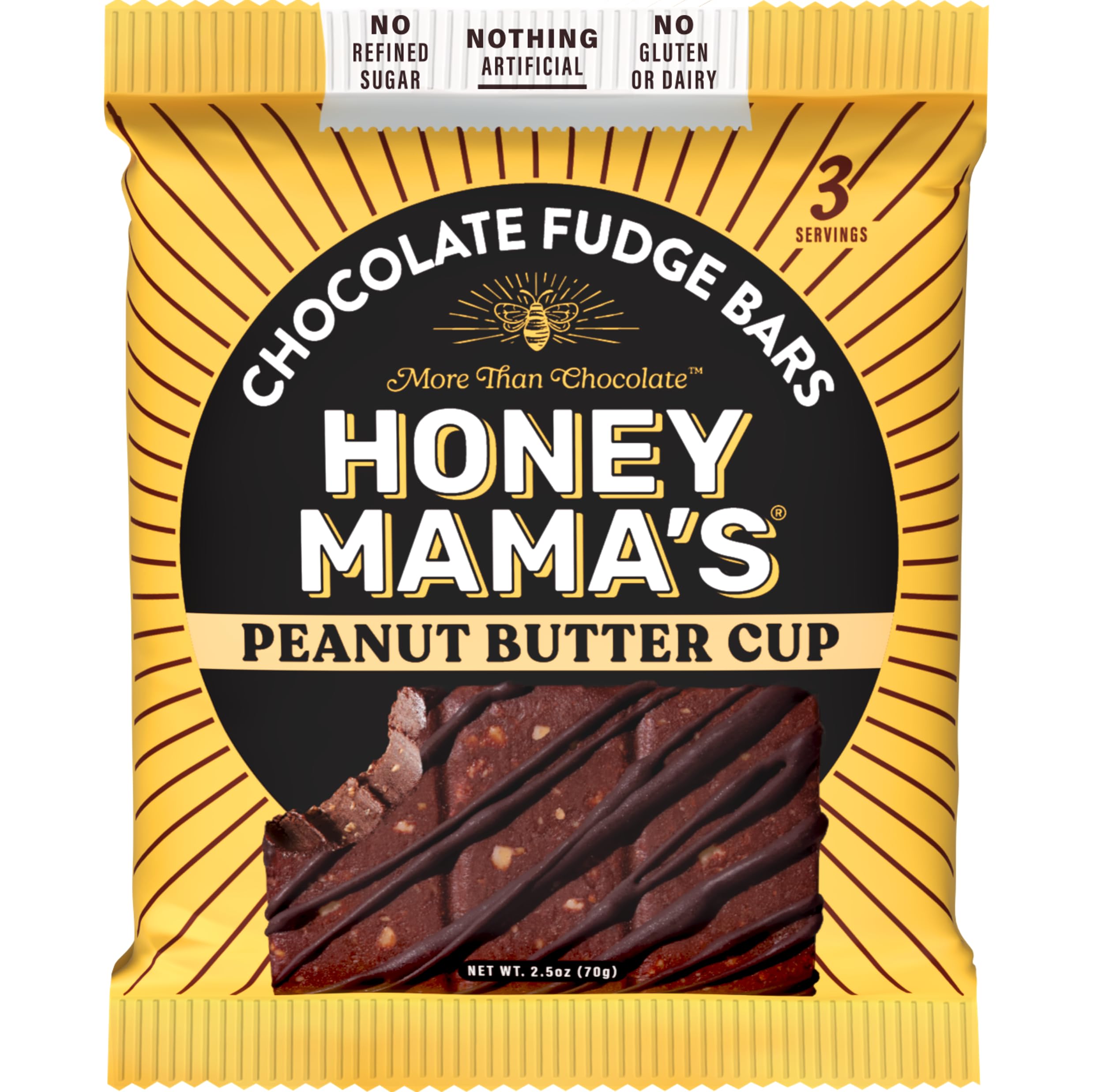 Honey Mama's, Peanut Butter Cup Chocolate Fudge Bars, NO Refined Sugar, Gluten Free, Dairy Free, Soy Free, NO Seed Oils, 2.5 Ounce, 3-Serving Bar