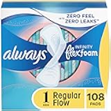 Always Infinity Feminine Pads for Women, Flexfoam Pads with Wings, Size 1, Regular Absorbency, Unscented, 108 Count (3 Packs of 36)