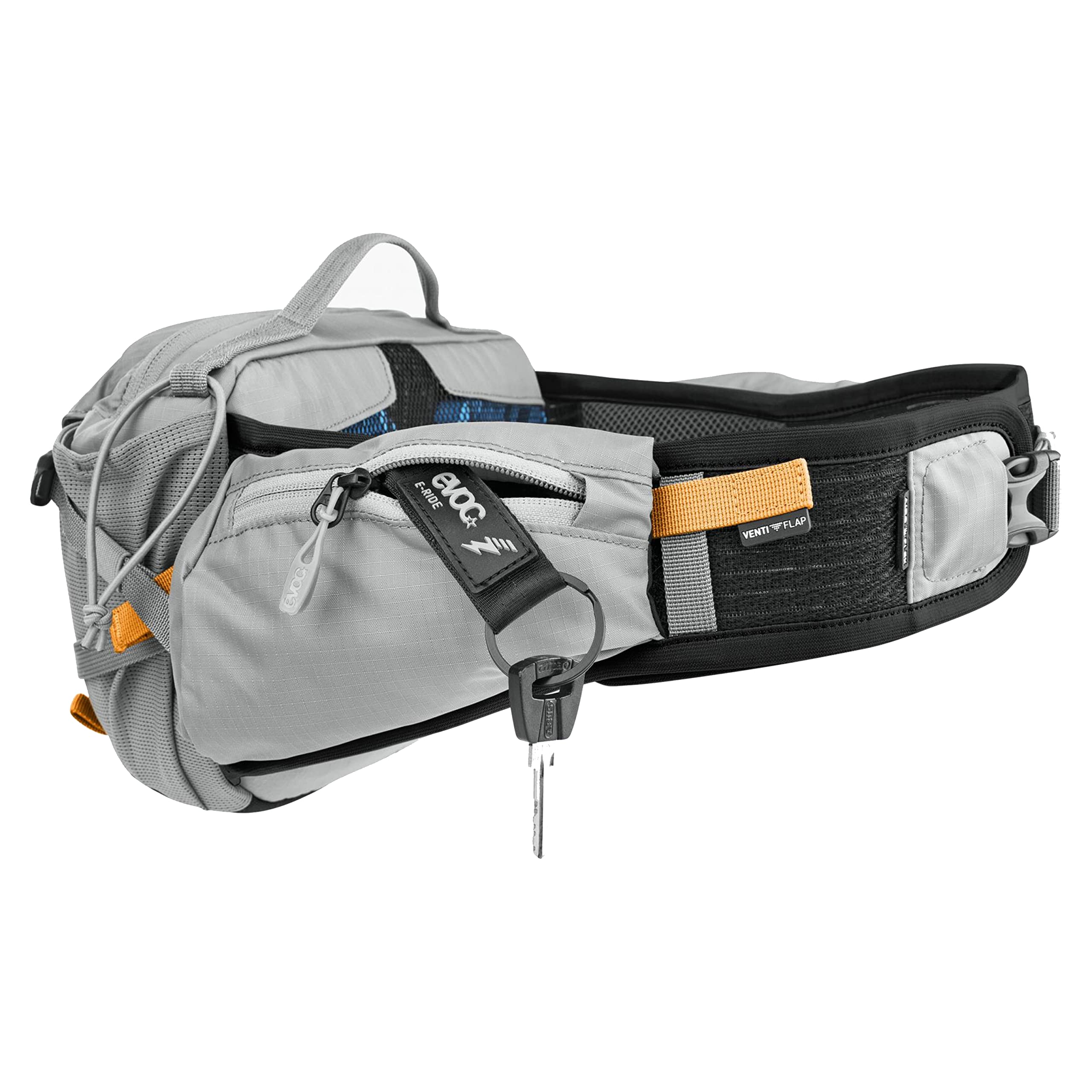 Torba biodrowa EVOC HIP PACK PRO E-RIDE 3 na wycieczki rowerowe i szlaki (pojemność 3 l, AIRFLOW CONTACT SYSTEM, pas biodrowy AIRO FLEX, system VENTI FLAP, uchwyt na butelkę), kolor: kamienny szary