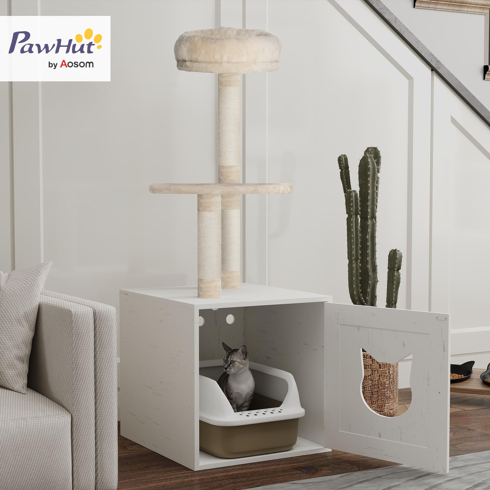 PawHut Tiragraffi per Gatti con casa di Servizi igienici, Torre di Gioco 2 in 1, Cuccia per Gatti da 129 cm con coprilettiera, Pali da graffiare, Piattaforma, Letto, Crema