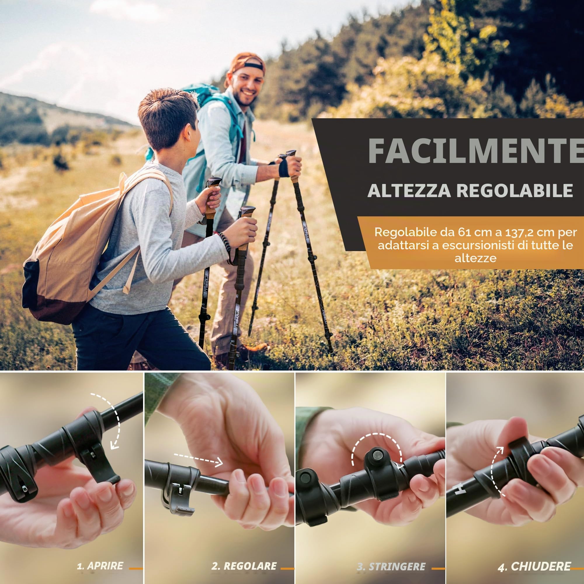 Foxelli Bastoni da trekking in fibra di carbonio, leggeri e pieghevoli, con impugnature in sughero naturale, chiusura a scatto, accessori per tutte le stagioni e tutti i terreni e borsa per il