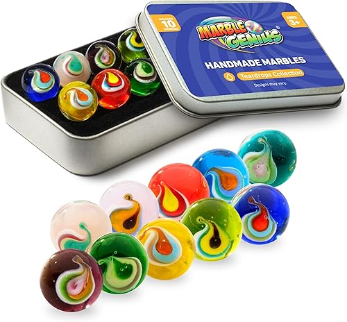 Marble Genius Canicas de coleccionista, lágrimas, 0.630 in, juego de 10 vasos coloridos hechos a mano, regalos para niños, rellenos de calcetines