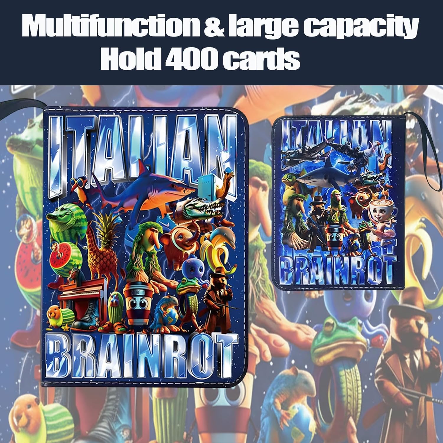 Italian Brainrot Trading Card Binder 4 Pocket 400 Pockets Zipper Card Binder Album for Brainrot Cards, Waterproof Card Storage Holder with Removable Sleeves (1-Blue)