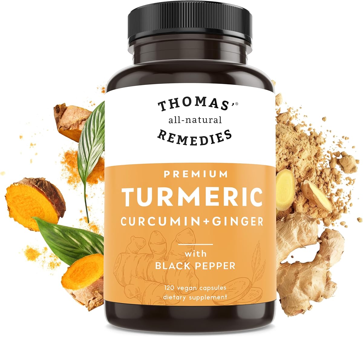 Thomas' all-natural Remedies Thomas' all-natural Remedies Turmeric Curcumin and Ginger with Black Pepper, Organic Turmeric Joint Support Supplement- 95% Curcumin - NO fillers, Vegan - 120ct