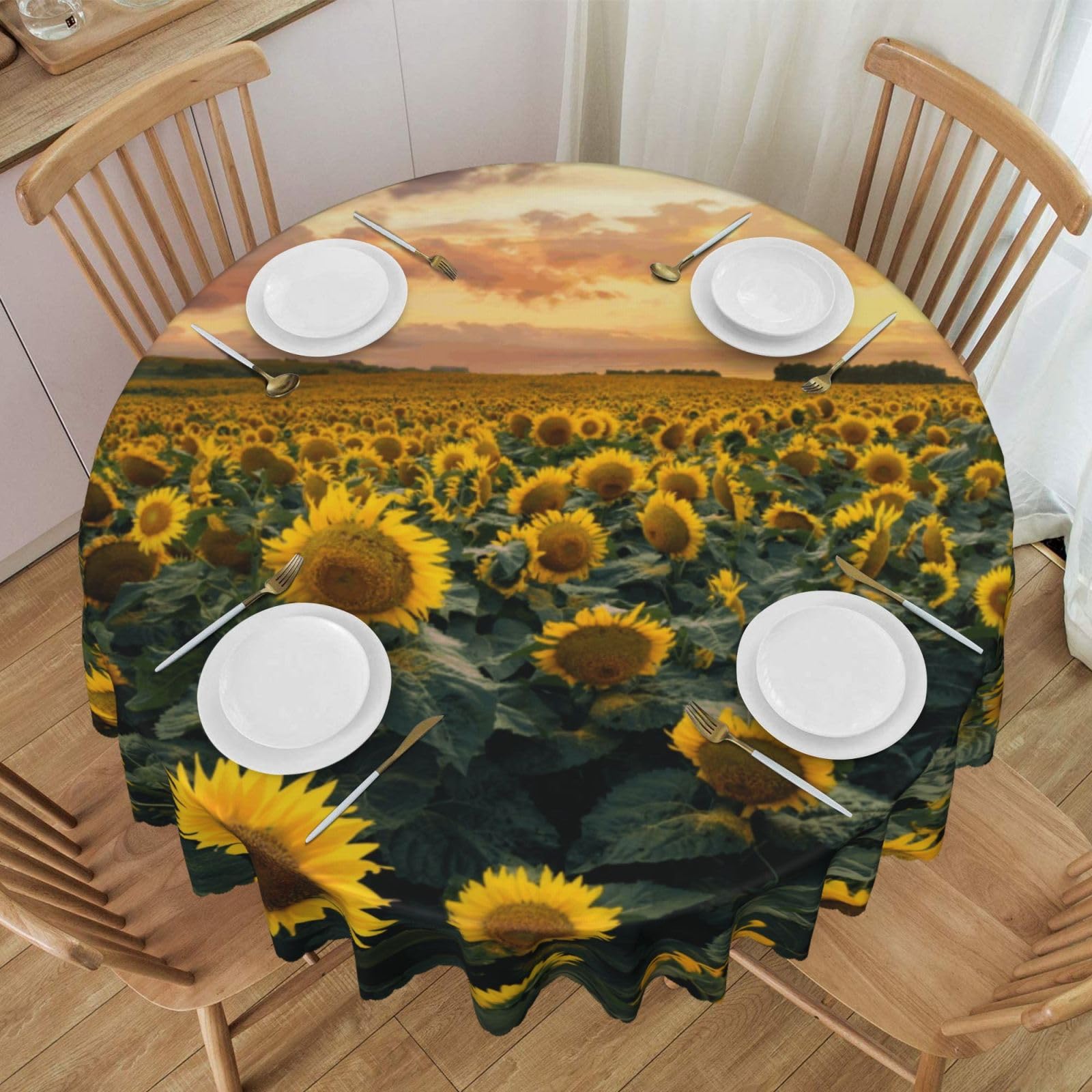 DCEHGEW 60 In Round Tablecloth with Lace, Sunflower Farmland Printed Oilproof & Washable Fabric Picnic Table Cloth Table Covers