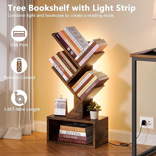 Miniatura 3 de Hoctieon - Estantería de 3 niveles con forma de árbol y luces LED, pequeña estantería con cajón, estantería de escritorio, organizador de