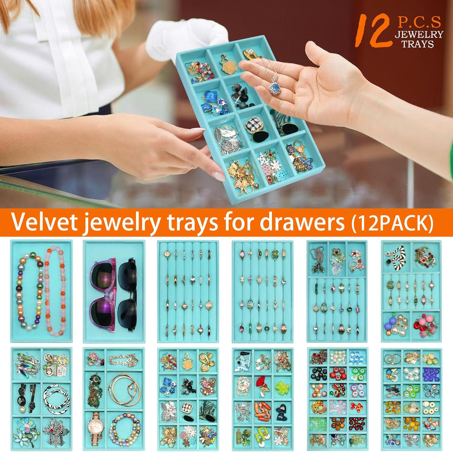 12 Set Jewelry Trays Organizer Stackable Jewelryy Display Case Storage Box for Earring Necklace Rings Bracelet Watch