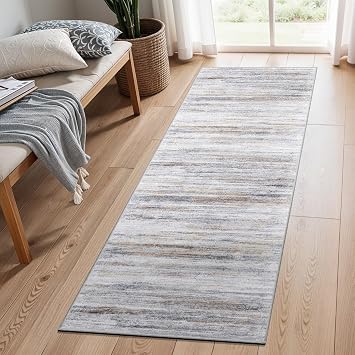 Washable Kitchen Runner Rug for Family Easy-to-Clean Runners for Hallway Entryway Bedroom - Stain and Water Resistant Rugs with Non-Slip Backing - Soft Low-Pile Carpet 2x6 Beige Grey
