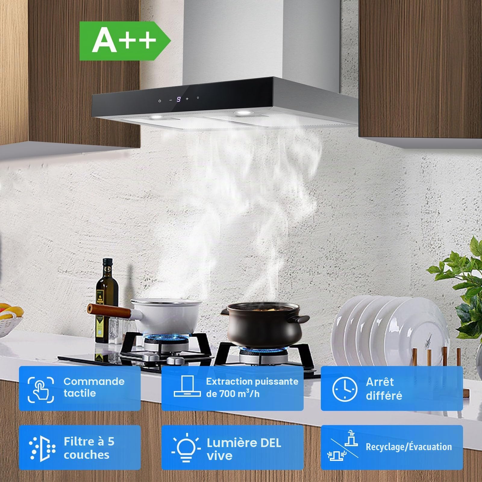 TopStrong Hotte aspirante 60cm, hotte aspirante circulant air/air évacué, 700 m³ / h, hotte Extractive en Acier Inoxydable, contrôle Soft Touch 9 étapes et