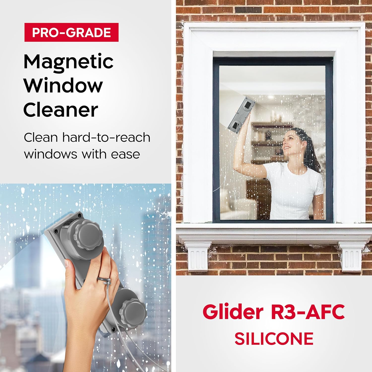 Tyroler Magnetic Window Cleaner Tool | The Silicone Glider R-3 AFC Fits Windows 0.2"-1.5" Thick | Double Sided Outside Window Cleaner Tool | Adjustable Control