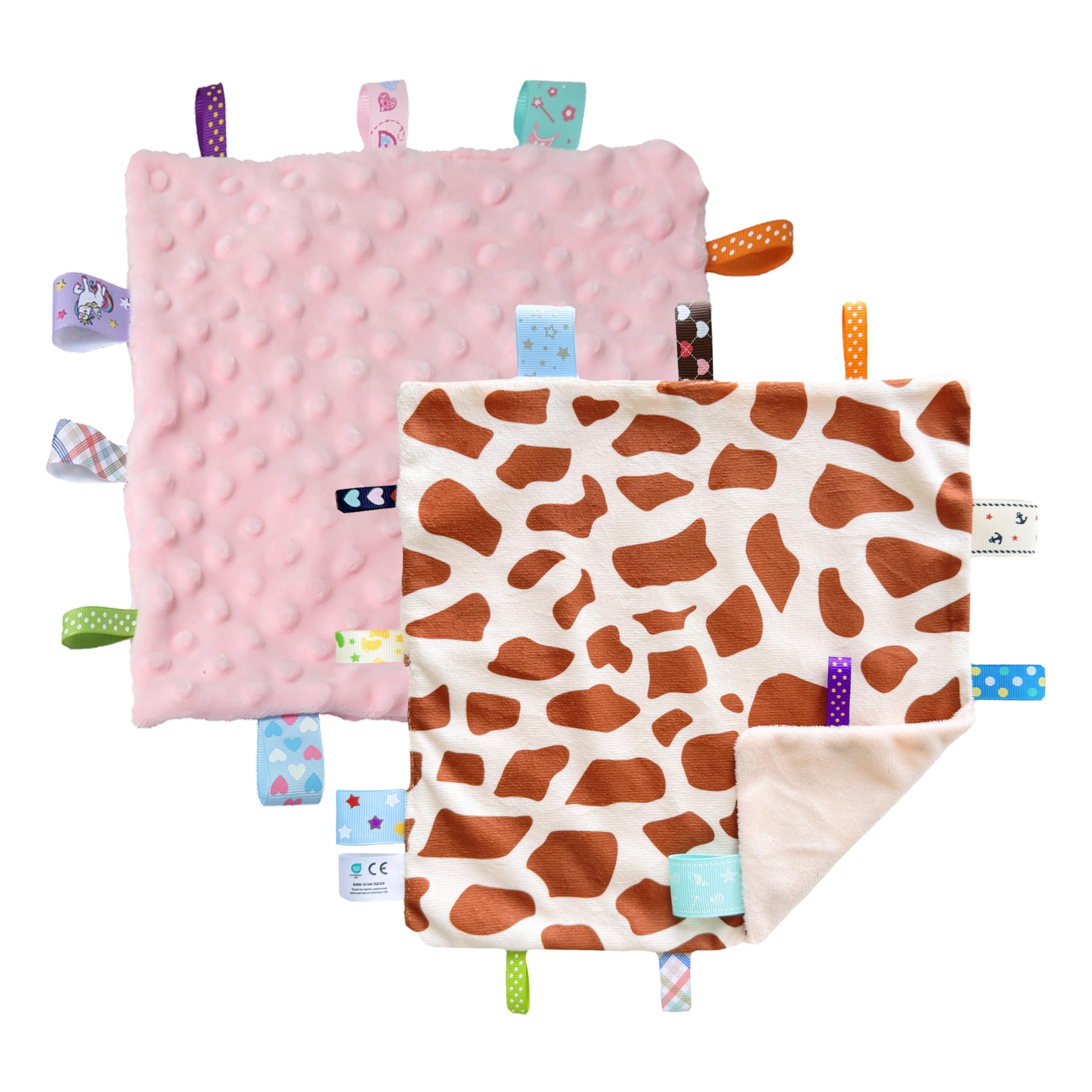 CREVENT Tag Security Blankets for Babies, Soft Small Loveys for Boys, Baby Comforter Sensory Blanket, Great Gifts for Birthday Baby Shower (24X24cm GiraffeDot+Pink)