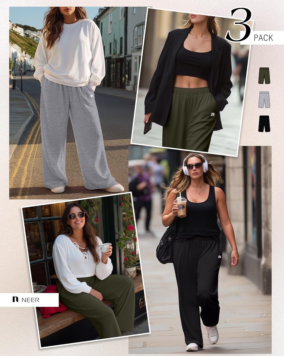 Neer 3 Packs Women's Plus Size Wide Leg Sweatpants High Waist Elastic Waistband Lounge Pants with Pockets - Image 5