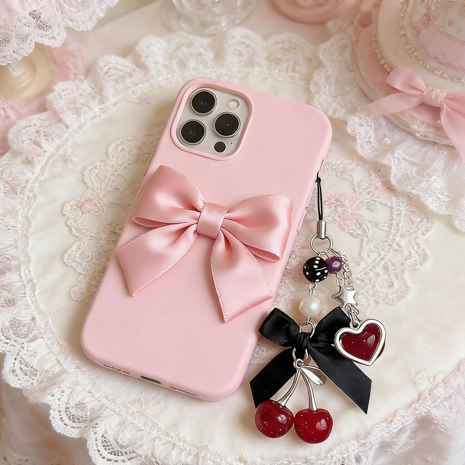 Kurze Handykette avec Charme Cerise – Breloque de téléphone Mignon en Noir comme chaîne Courte décorative pour Smartphone et clés