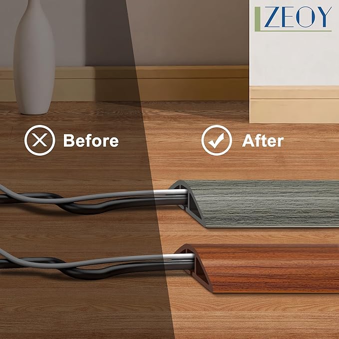 Floor Cord Cover 4FT, Wood Brown Cord Hider Floor, Soft PVC Cord Protector Floor, Hide Extension Floor Wire Covers for Cords, Organizer Wires Floor Cable Cover, Cable Cavity: 0.47" (W) x 0.24" (H)