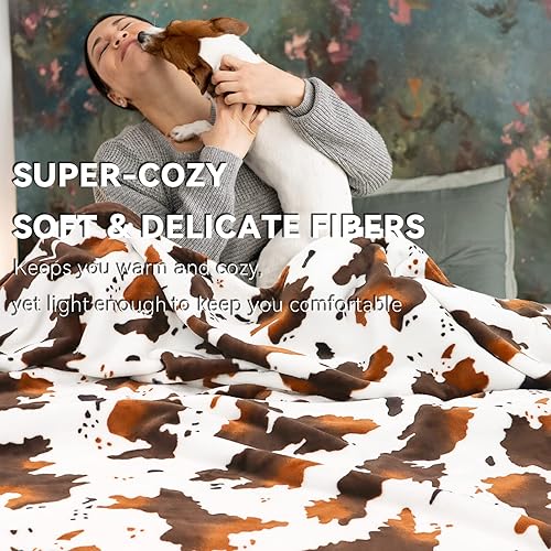 Miniatura 6 de Manta de forro polar para niños y niñas, manta suave con estampado de vaca, marrón y blanco, acogedora manta bonita, regalo de decoración para