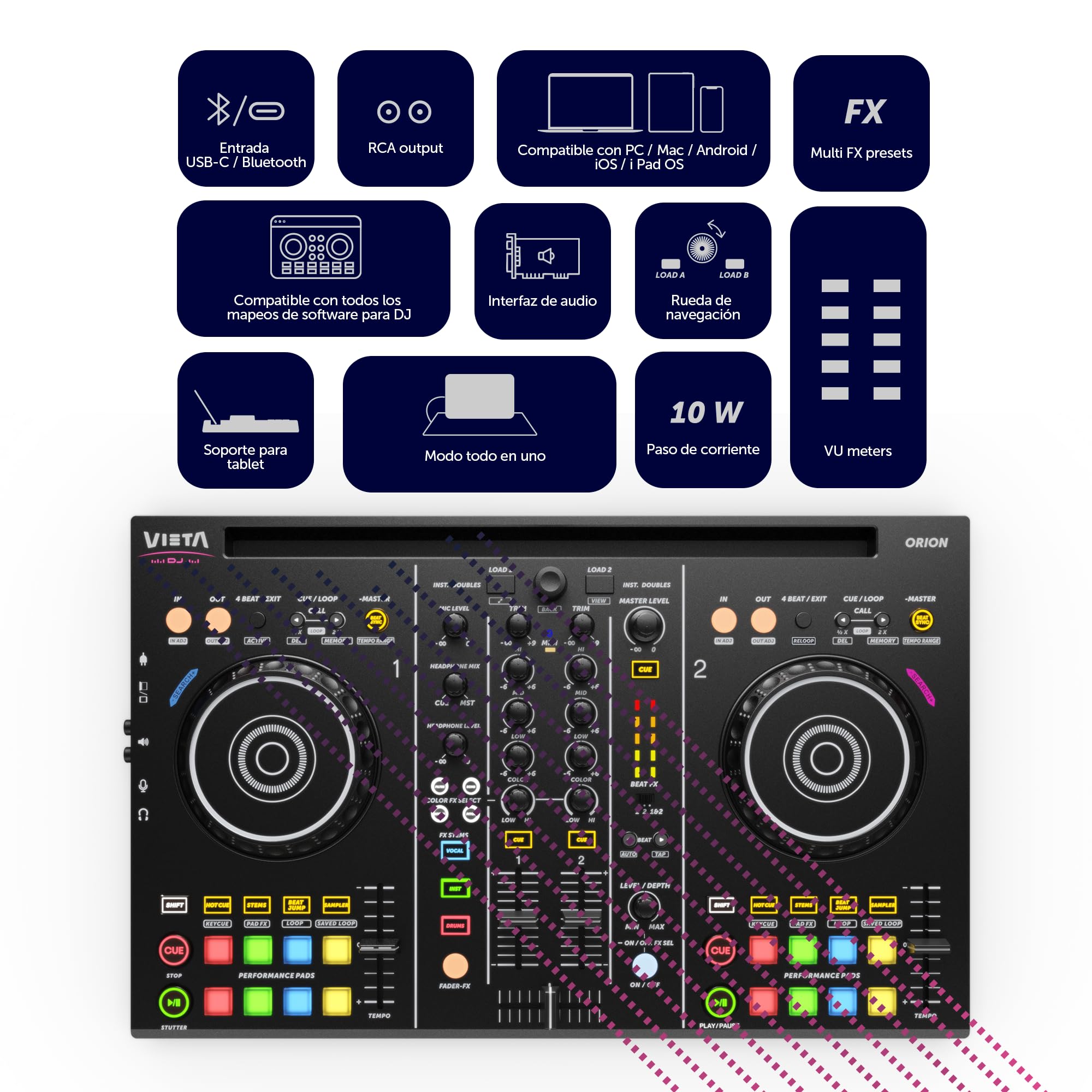 VIETA PRO Mesa de Mezclas DJ Bluetooth Profesional con Tarjeta de Sonido Integrada. Controladora DJ Con Luces Integradas RGB, Mezclador DJ Controller e Interfaz Audio. Mesa de mezclas DJ (Orion)
