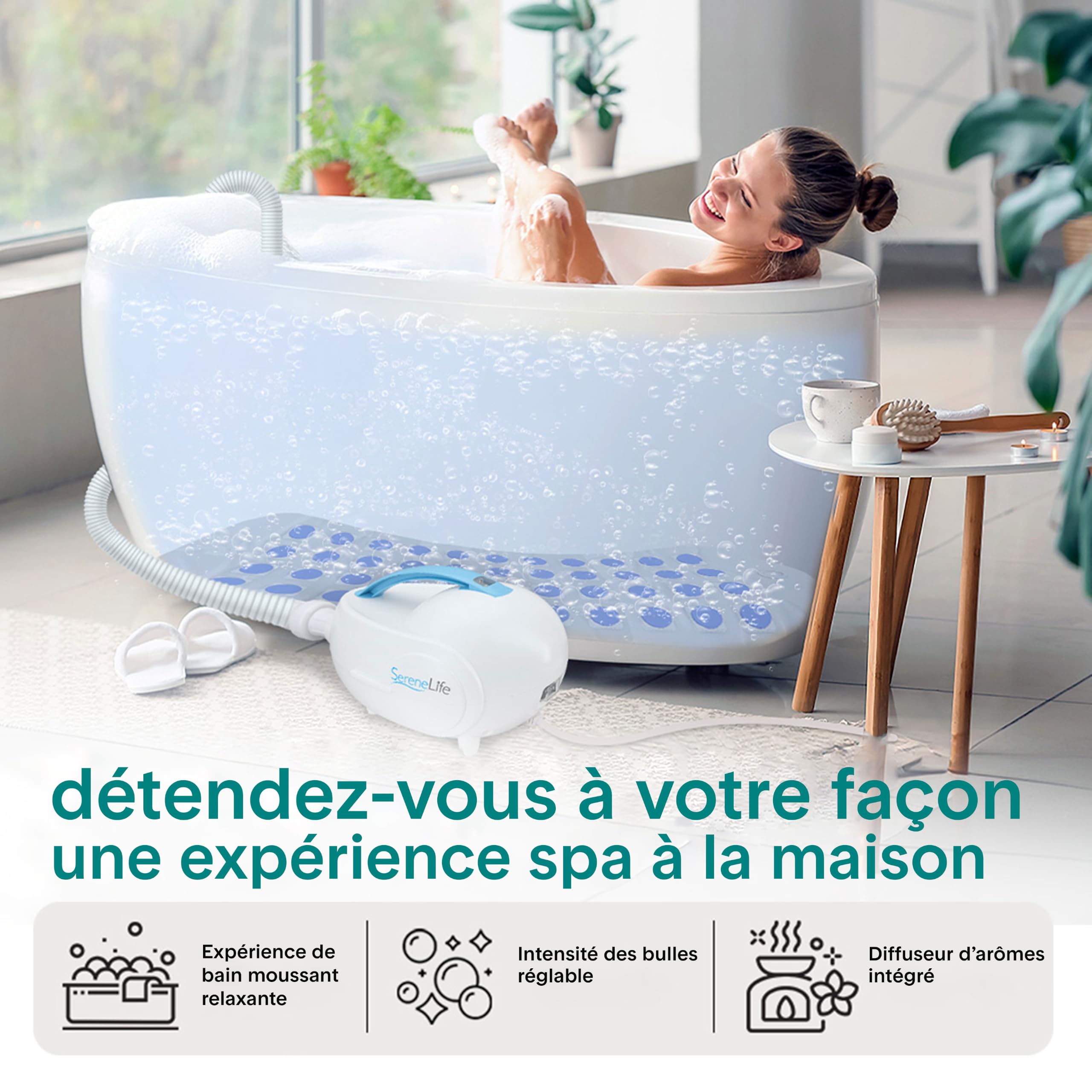 SereneLife Tapis de Bain à Bulles, Tapis pour Baignoire avec Massage à Air et Télécommande, Imperméable, Antidérapant, Intensité des Bulles Ajustable, Diffuseur de Parfums