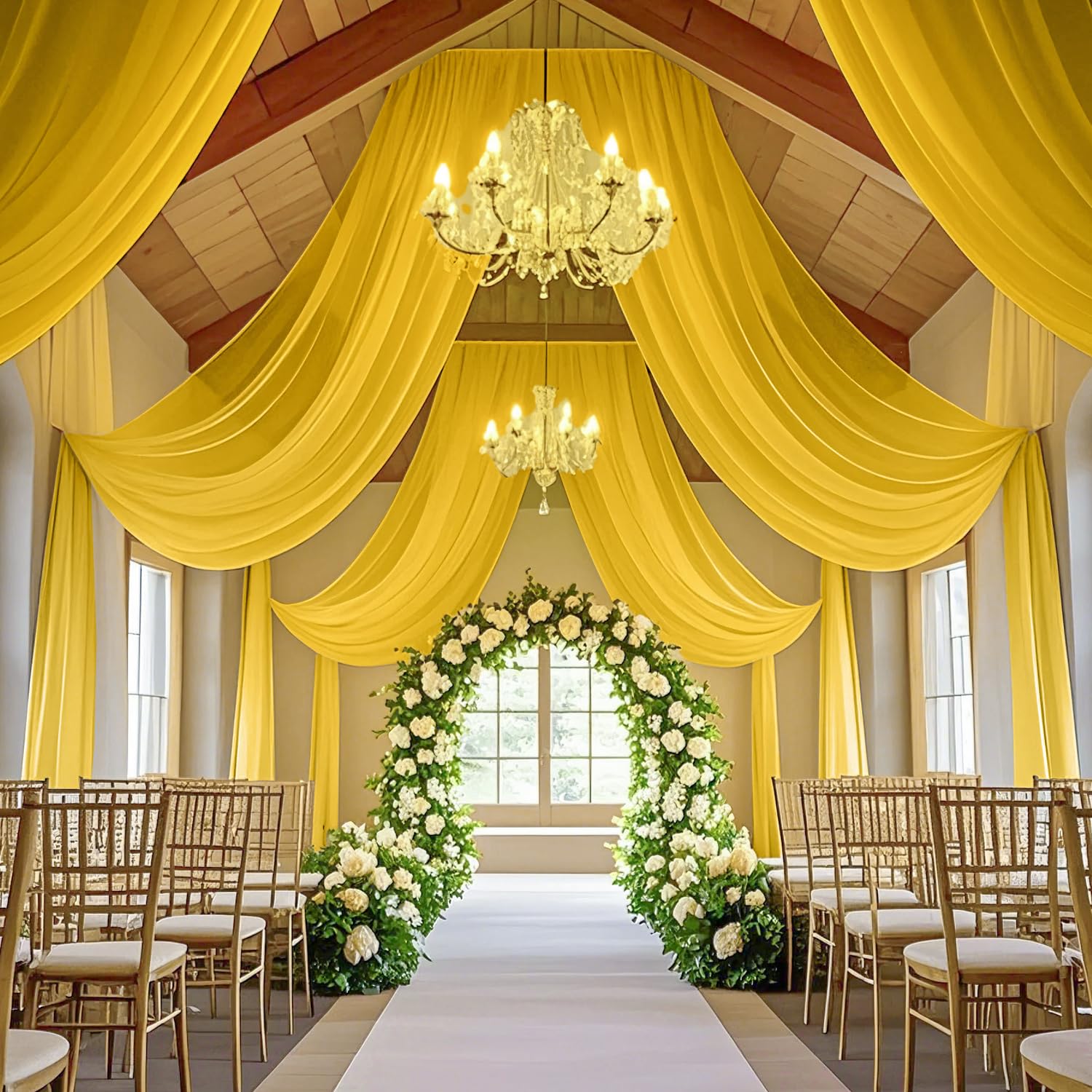 ROMANKAS Gold Ceiling Drapes Sheer Chiffon Ceiling Draping Fabric 5x30ft 2 Panels Wedding Arch Drapery Chiffon Ceiling Curtains Romantic Sheer Draping