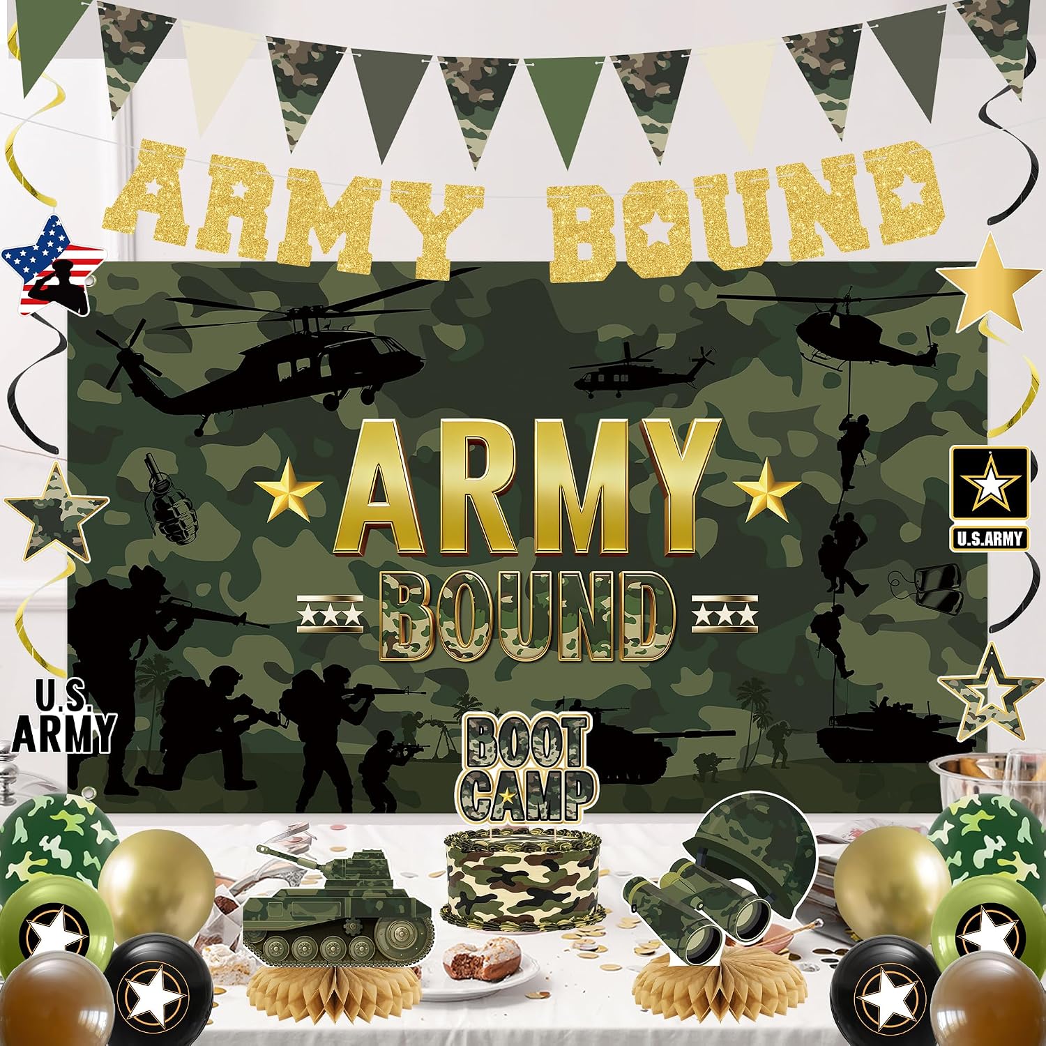 Holkcog Army Party Decorations, Military Themed Birthday Banner | Green Farewell Party Welcome Ceremony, Army Bound Themed Tinsel Curtain Decorations, Boot Camp Cake Topper Ballons Supply