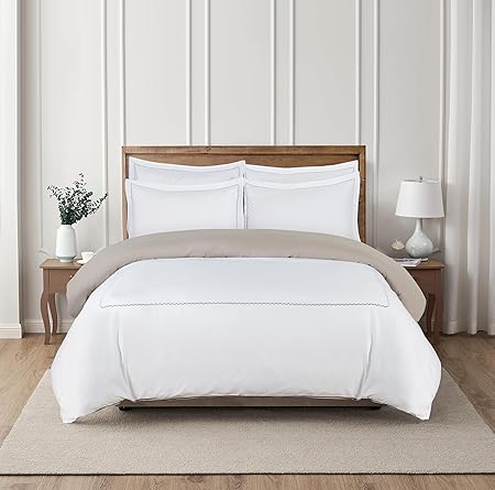 Majestic Giftware Madison Linen 6 Pcs Queen Size Duvet Bedding Set (BL54-Q) | Normandy - Taupe 400 TC 100% Cotton Sateen | 1 Fitted Sheet, 1 Duvet, 4 Pillowcases - Noble Collection