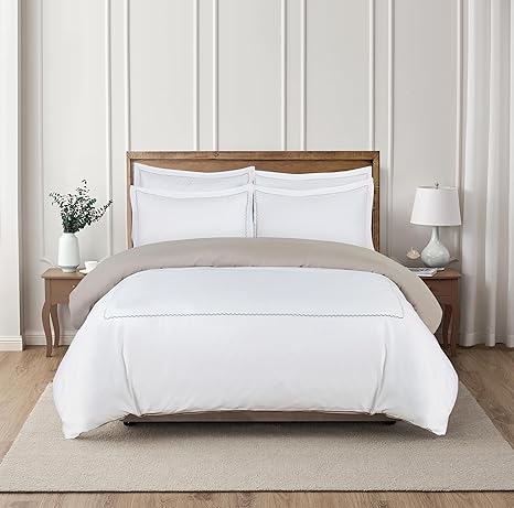Majestic Giftware Madison Linen 6 Pcs Queen Size Duvet Bedding Set (BL54-Q) | Normandy - Taupe 400 TC 100% Cotton Sateen | 1 Fitted Sheet, 1 Duvet, 4 Pillowcases - Noble Collection