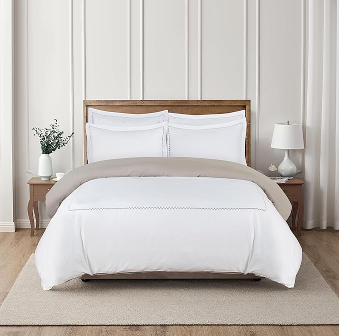 Majestic Giftware Madison Linen 6 Pcs Queen Size Duvet Bedding Set (BL54-Q) | Normandy - Taupe 400 TC 100% Cotton Sateen | 1 Fitted Sheet, 1 Duvet, 4 Pillowcases - Noble Collection