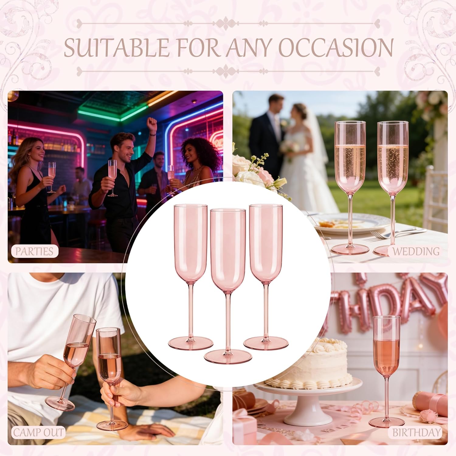 Plastic Champagne Flutes Set, 6oz Unbreakable Champagne Glasses Bulk, Shatterproof Reusable Mimosa Prosecco Sparkling Wine Cups for Wedding Mother's Day Party (Rose Gold, 12pcs)